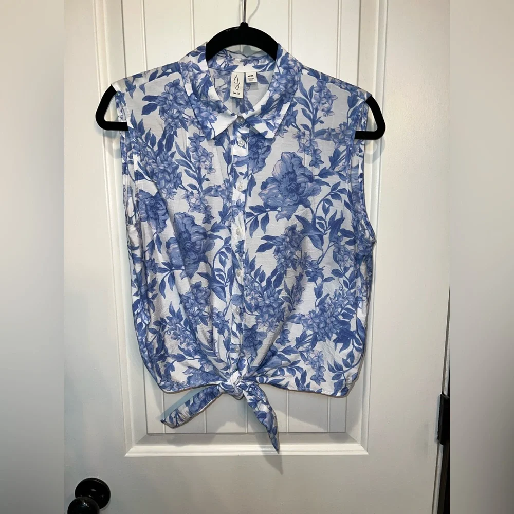 Joie Blue and White Sleeveless Tie-Front Floral Button-Down - Picture 1 of 4